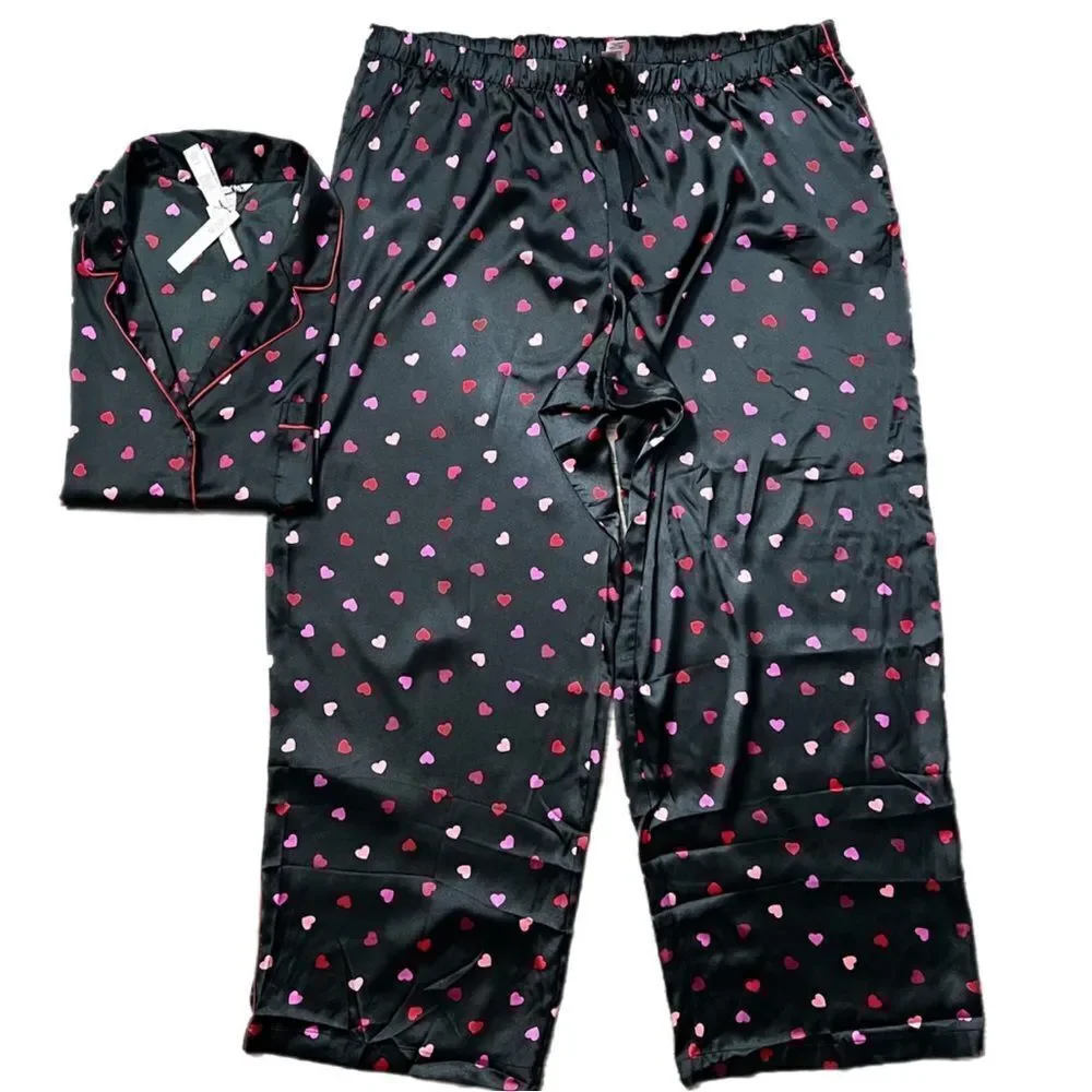 Victorias Secret Hearts SATIN button down top & bottoms pant pajama Set XXL
